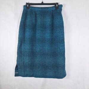 Vintage Teal Tweed Pencil Skirt Womens Union-Made Wool Blend Lined Side Slit Cla